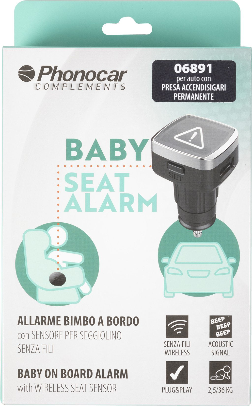 POUPY Allarme Bimbo a bordo auto, con presa accendisigari e senza sottochiave