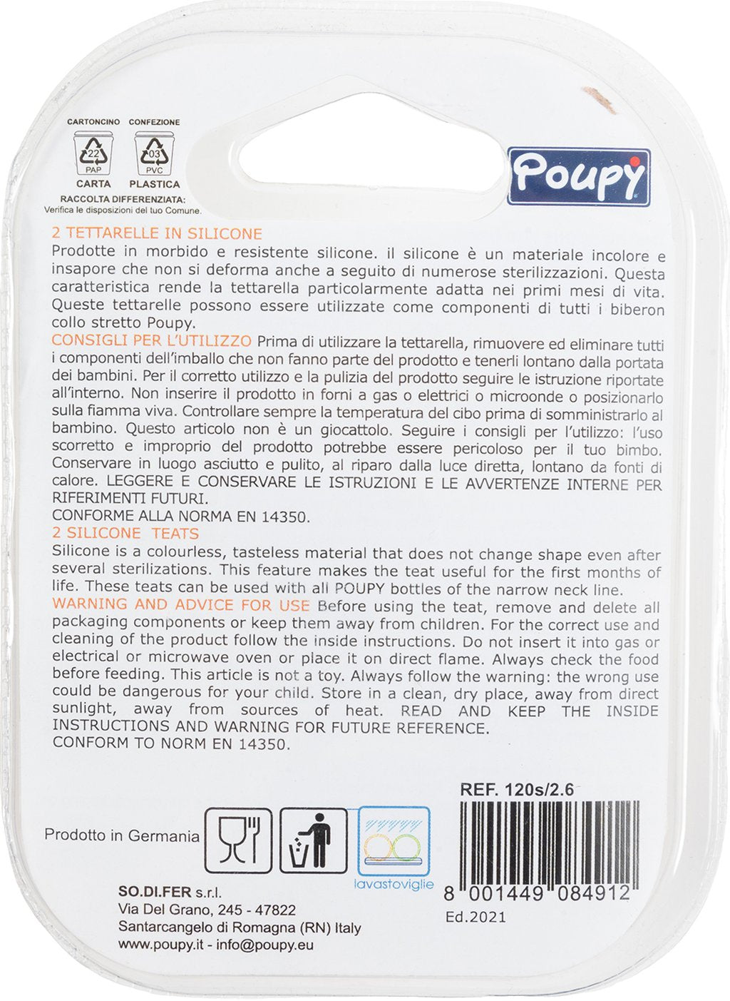 POUPY Tettarella Biberon in silicone, senza BPA, incolore, insapore e non si