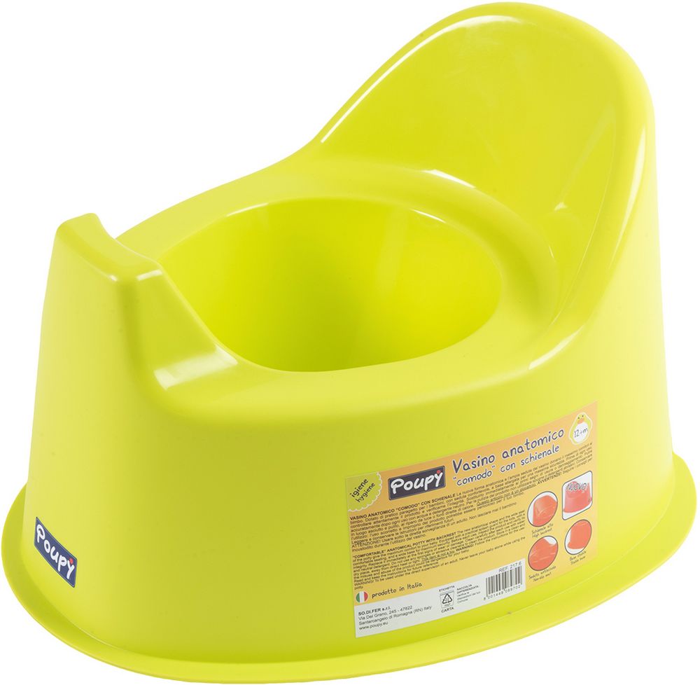 Nuovo Vasino Anatomico verde Poupy per bambini con schienale e paragetto.