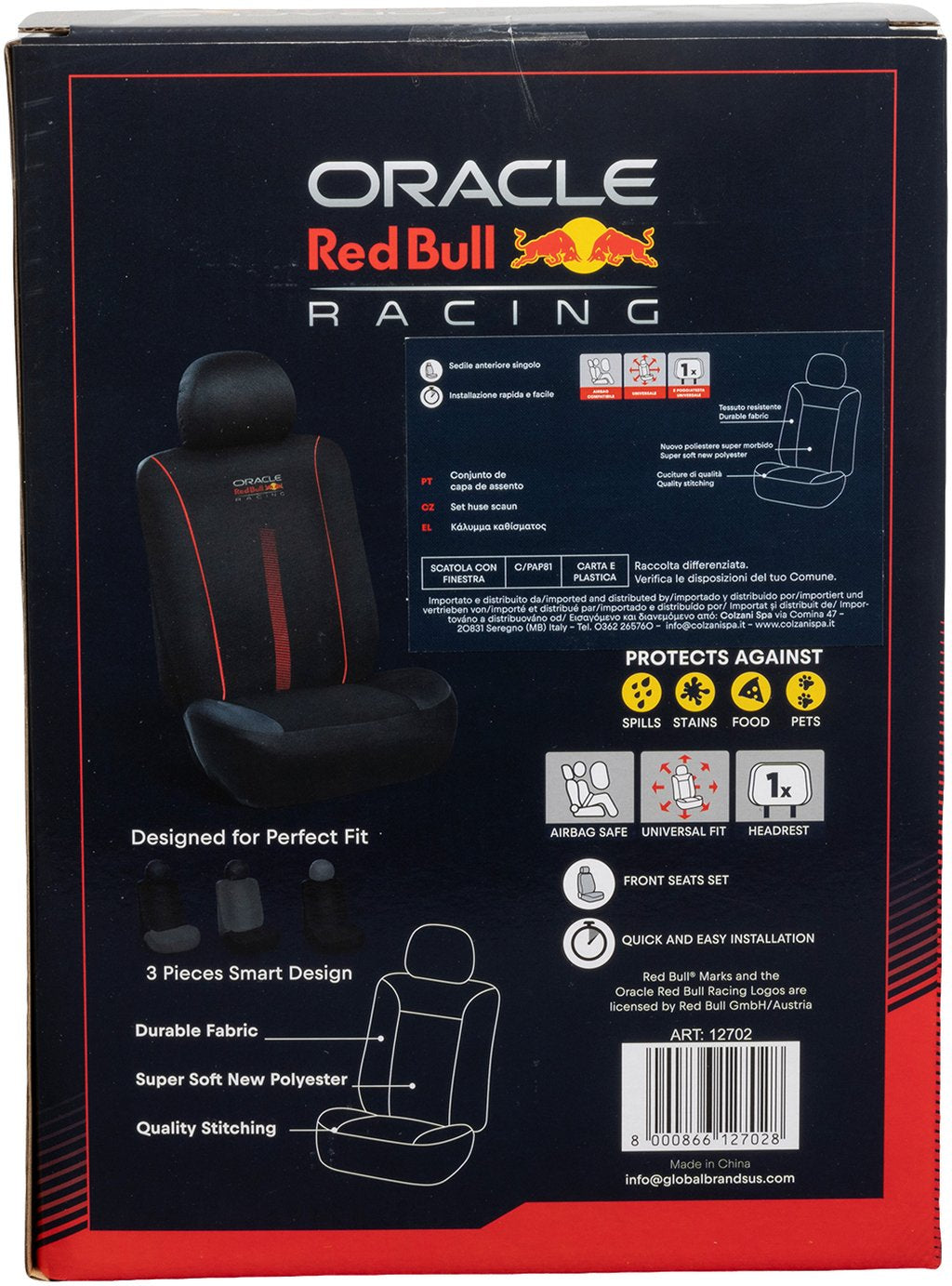 RED BULL Set Coprisedile 3 Pz Powerbar Nero/Rosso per auto Originale Resistente