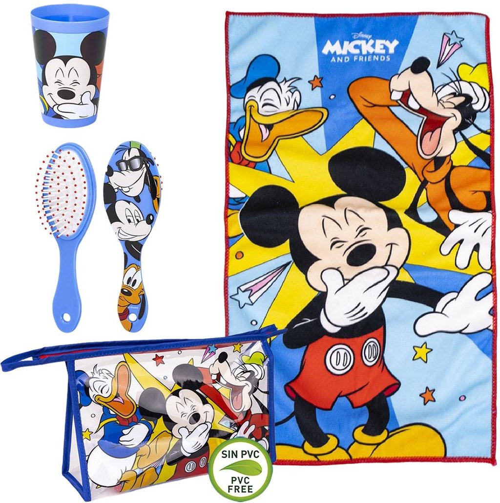 STOR Disney Mickey Mouse Set 3 Pz Asilo Asciugamano Spazzola e Bicchiere Auto