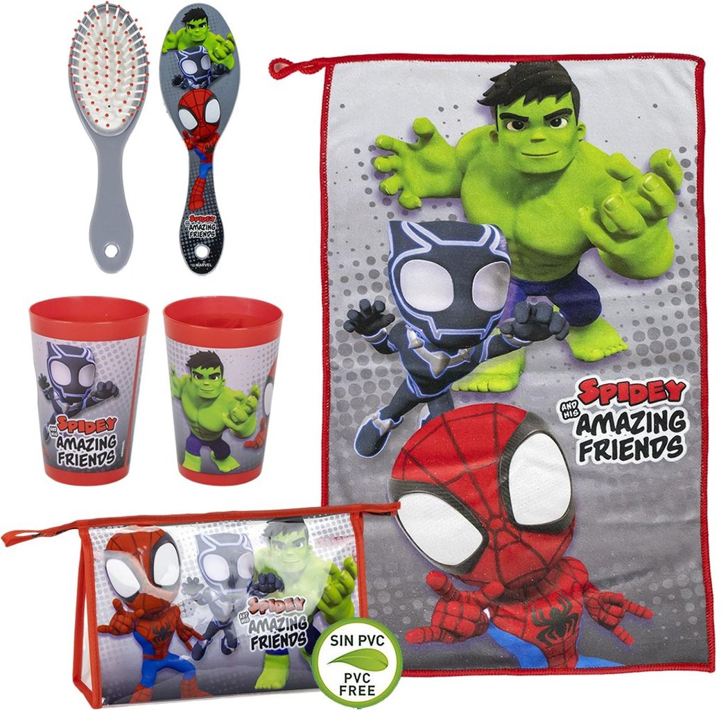 STOR Marvel Spidey & Friends Set 3 Pz Asilo: Asciugamano, Spazzola e Bicchiere