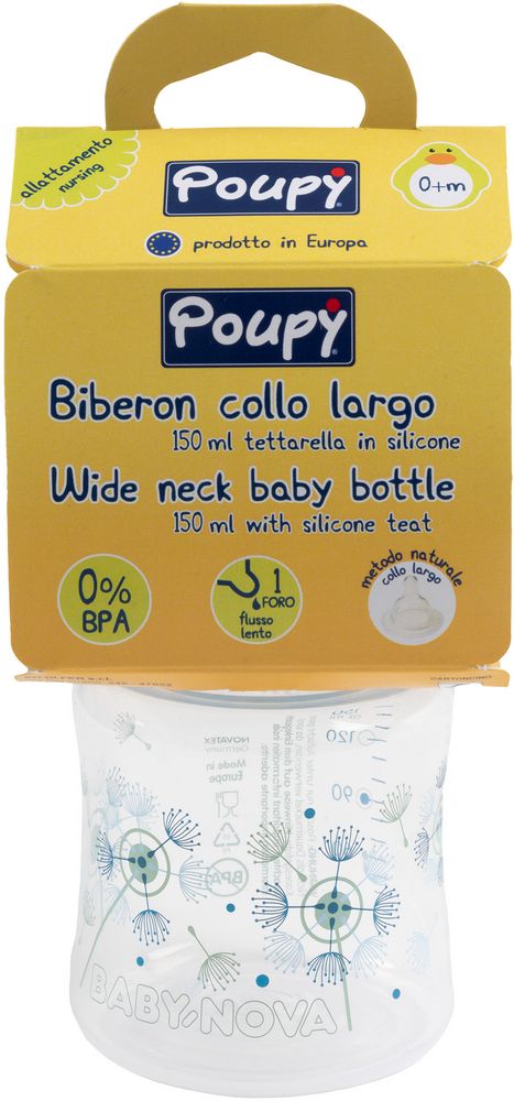 Biberon Poupy per neonati da 150 ml con collo largo e tettarella in silicone.
