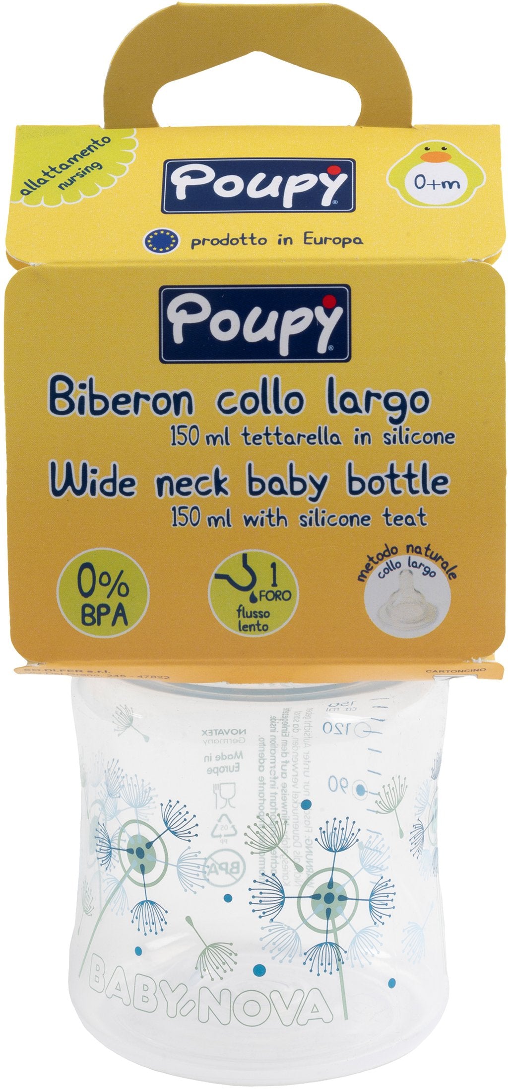 POUPY Biberon per neonati da 150 ml con collo largo, tettarella in silicone