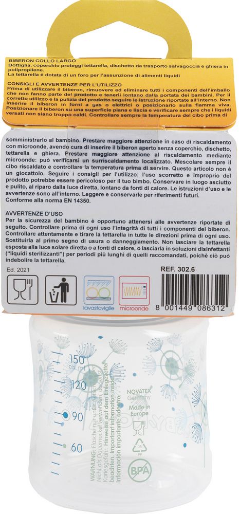 Biberon Poupy per neonati da 150 ml con collo largo e tettarella in silicone.