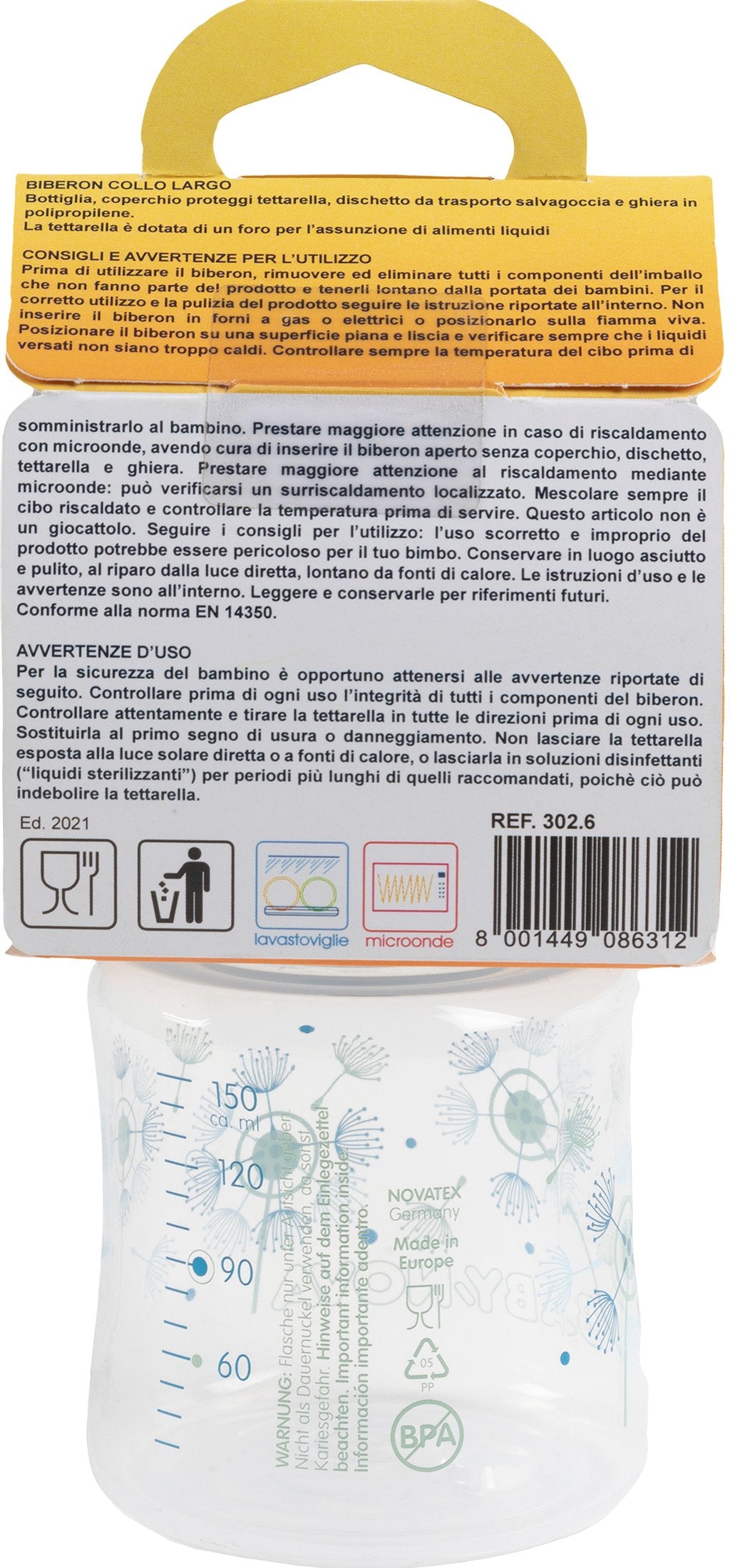 POUPY Biberon per neonati da 150 ml con collo largo, tettarella in silicone