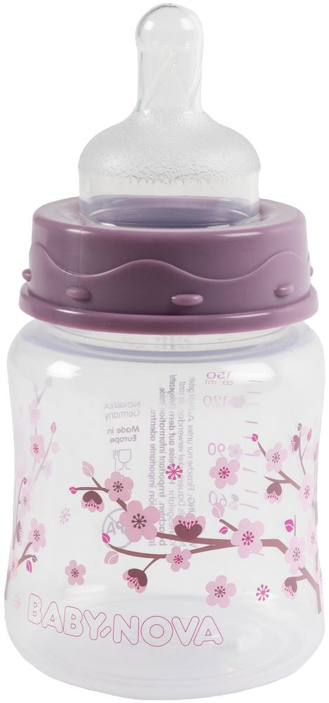 Biberon Poupy per neonati da 150 ml con collo largo e tettarella in silicone.