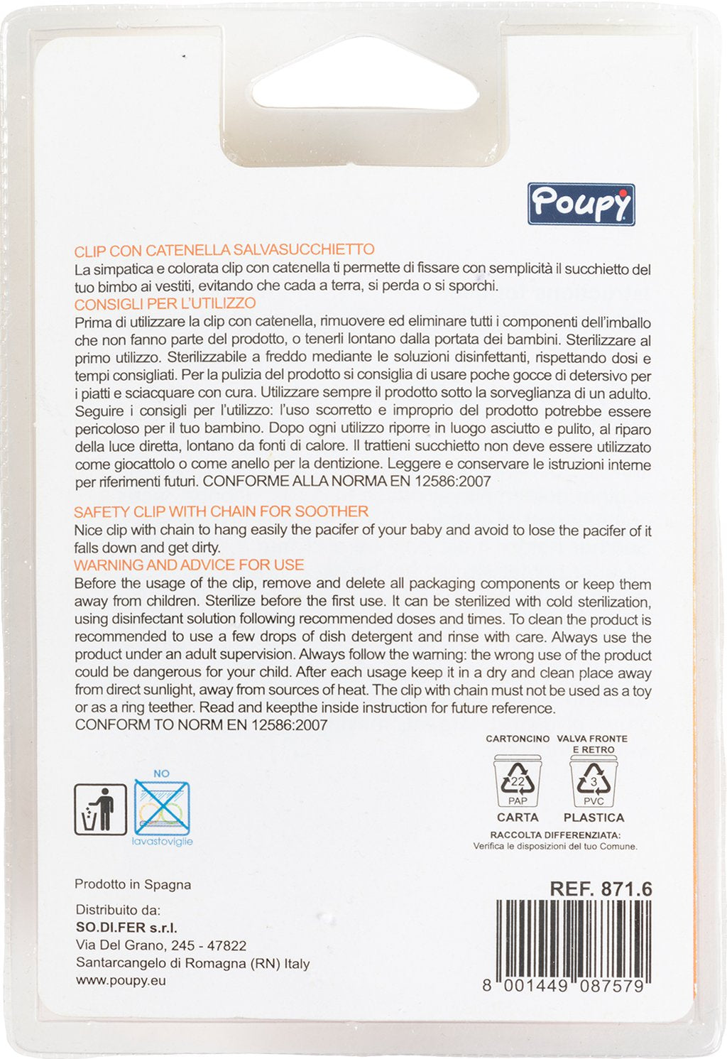 POUPY Clip con catenella per ciuccio bimbi in plastica, senza BPA, lavabile
