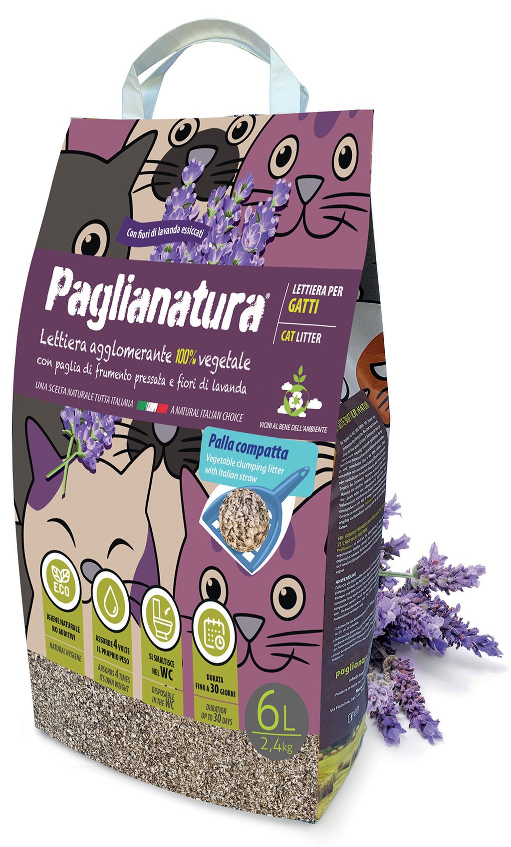 PAGLIANATURA Lettiera Gatti Lavanda 2 4 KG/6 LT Agglomerante Naturale Originale