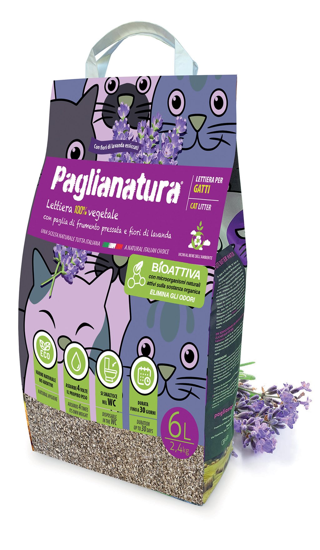 PAGLIANATURA Lettiera Gatto Bioattiva Lavanda 2 4 KG/6 LT Naturale Originale