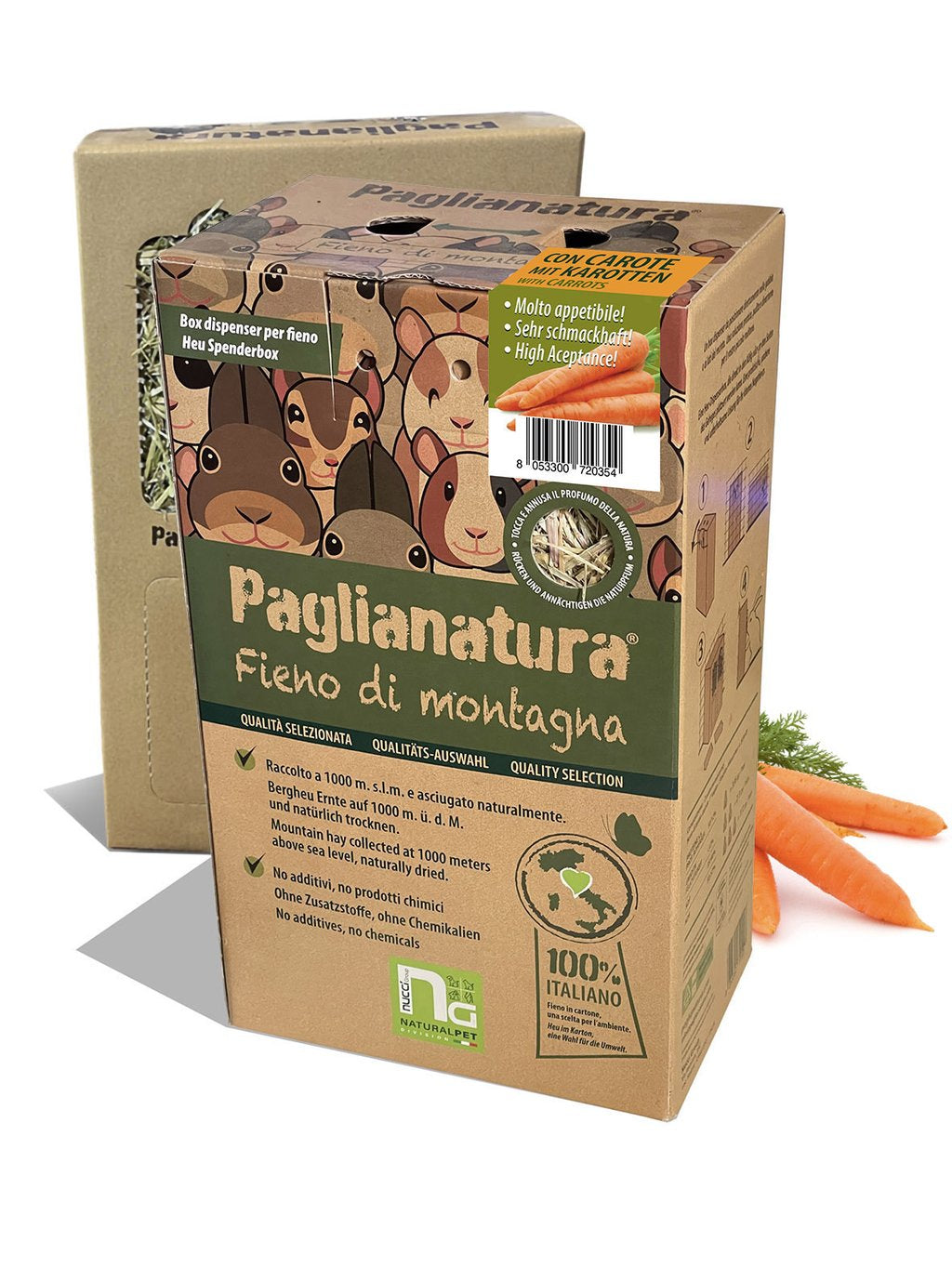 Paglianatura Dispenser Fieno di Montagna con Carote per Conigli Roditori
