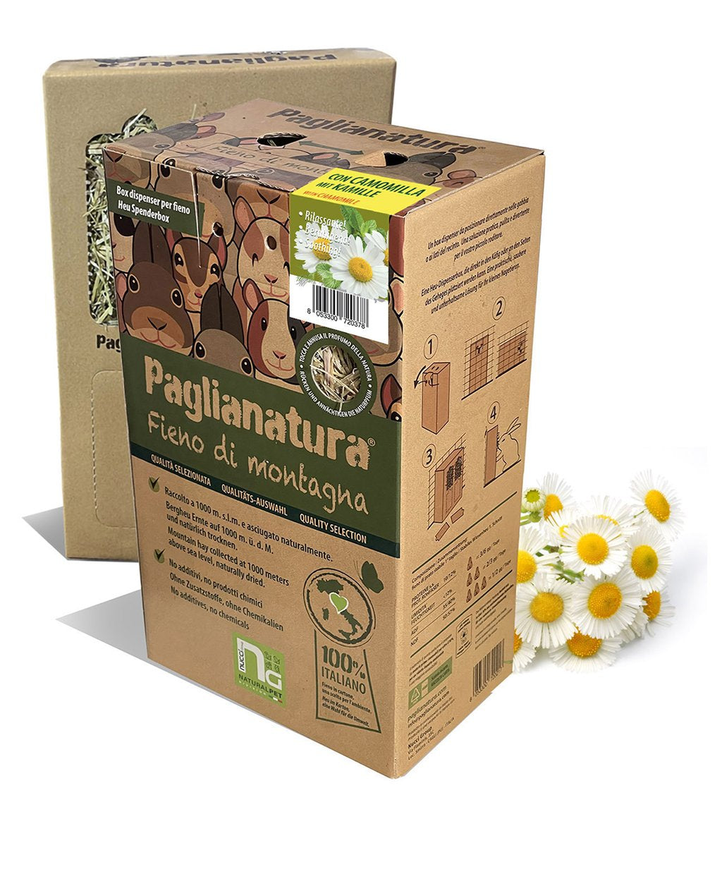 PAGLIANATURA Dispenser Fieno di Montagna 600gr con Camomilla - Mangime Naturale