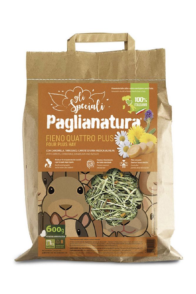 Fieno 4 Plus 600 gr. - Alimento Naturale di Alta Qualità per Conigli e Roditori, Ricco di Fibre Essenziali, in Pratica Confezione