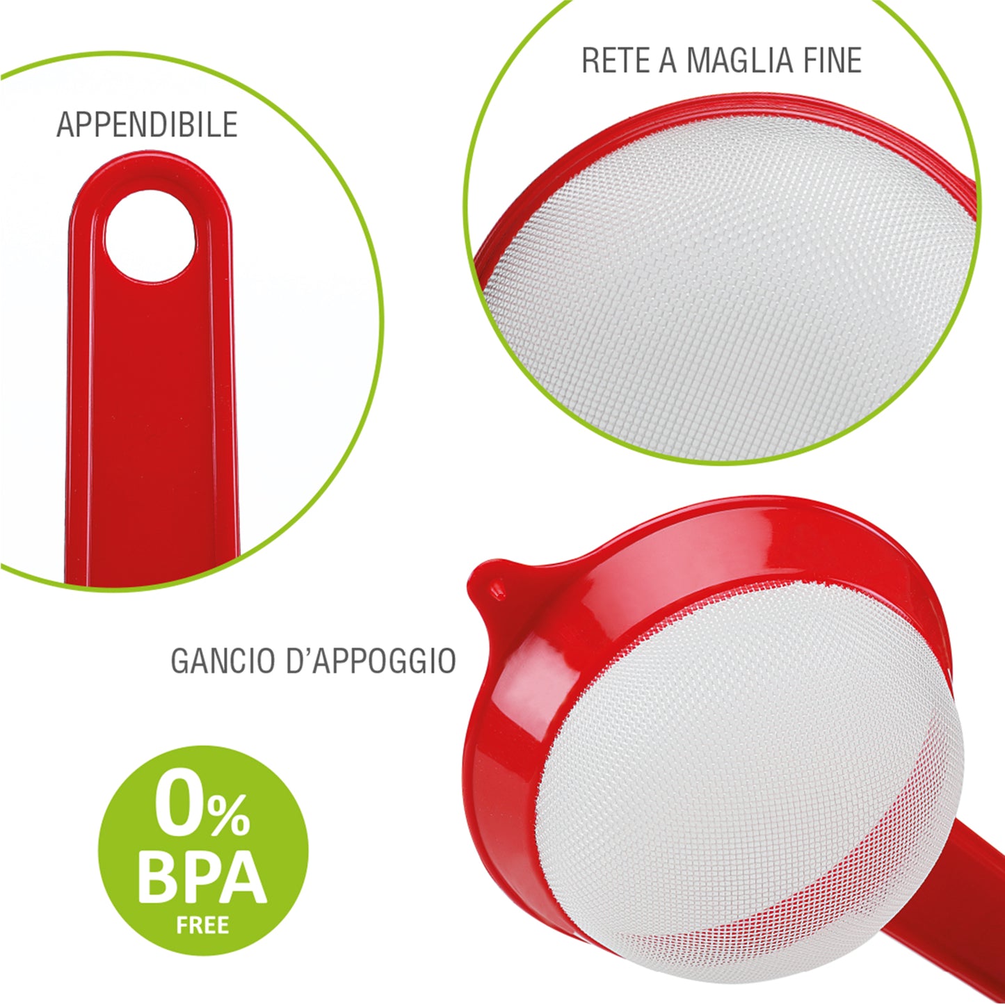 2 colini da cucina diametro 8 e 10 cm, rete fine in Nylon. 100% Made in Italy