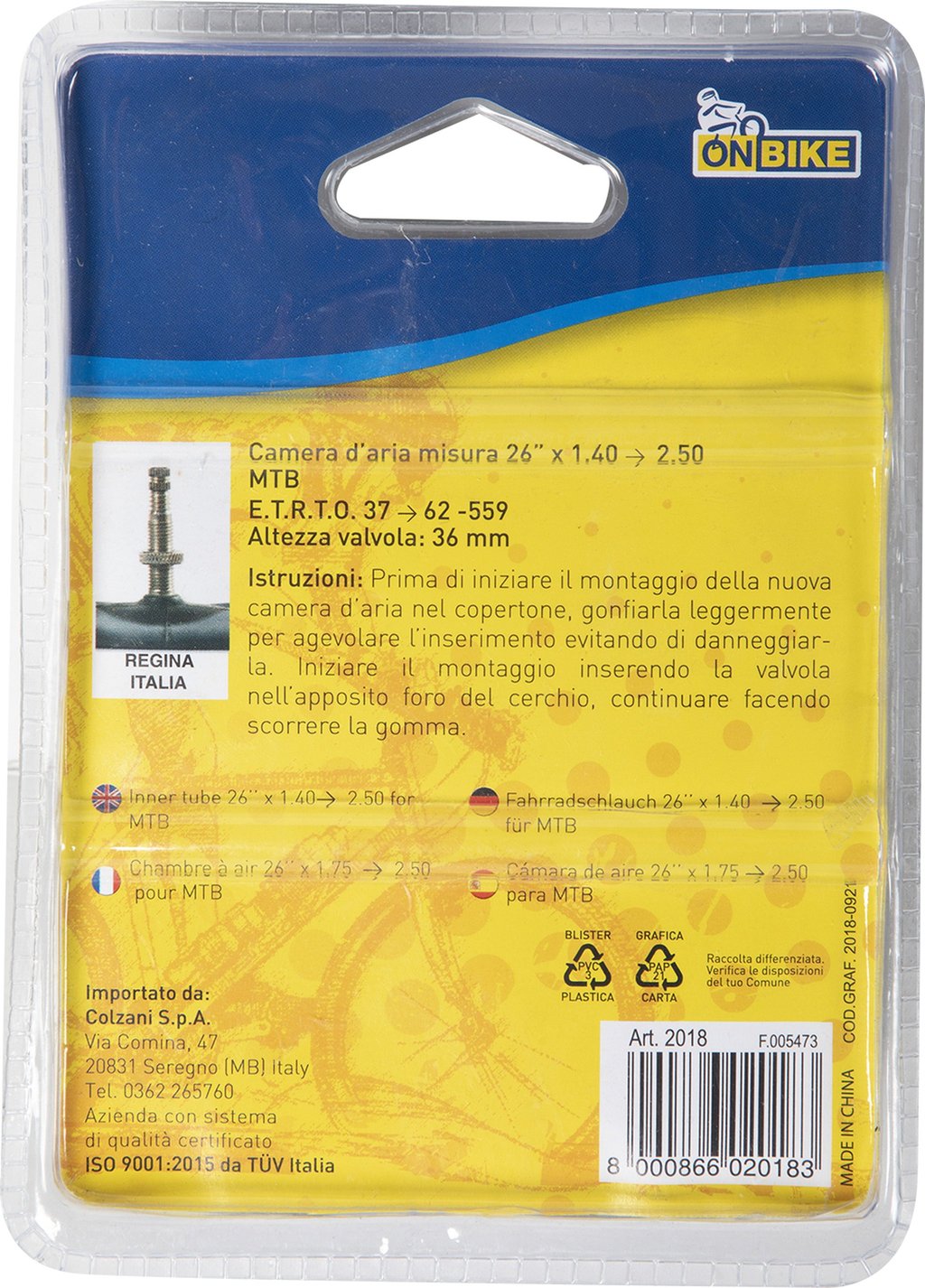 ON BIKE Camera D'Aria MTB 26" 1.40-2.50 Valvola Regina Italiana