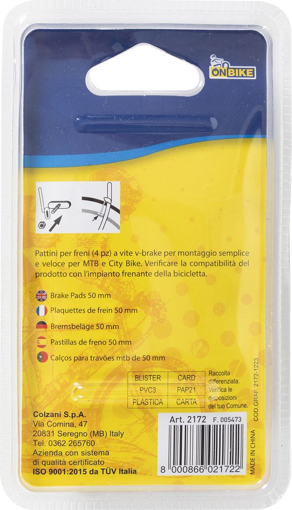 Pattini freni bici per MTB e city bike v-brake quattro pezzi 50mm