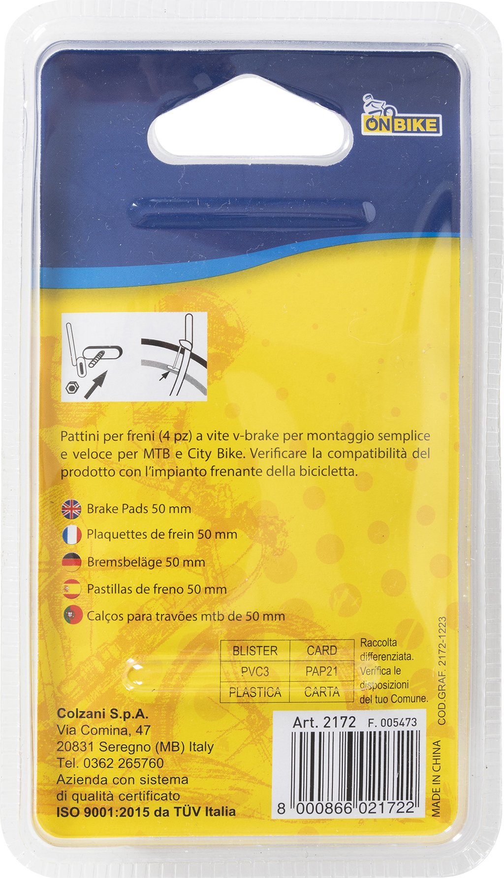 ON BIKE Pattini freni bici per MTB e city bike v-brake quattro pezzi 50mm