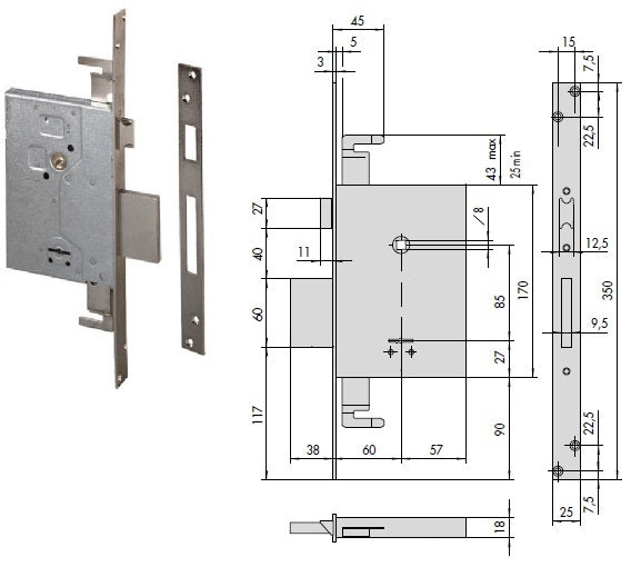 CISA SERRATURA 57255-61 INF. D.MAPPA CHIAVE LUNGA X LEGNO
