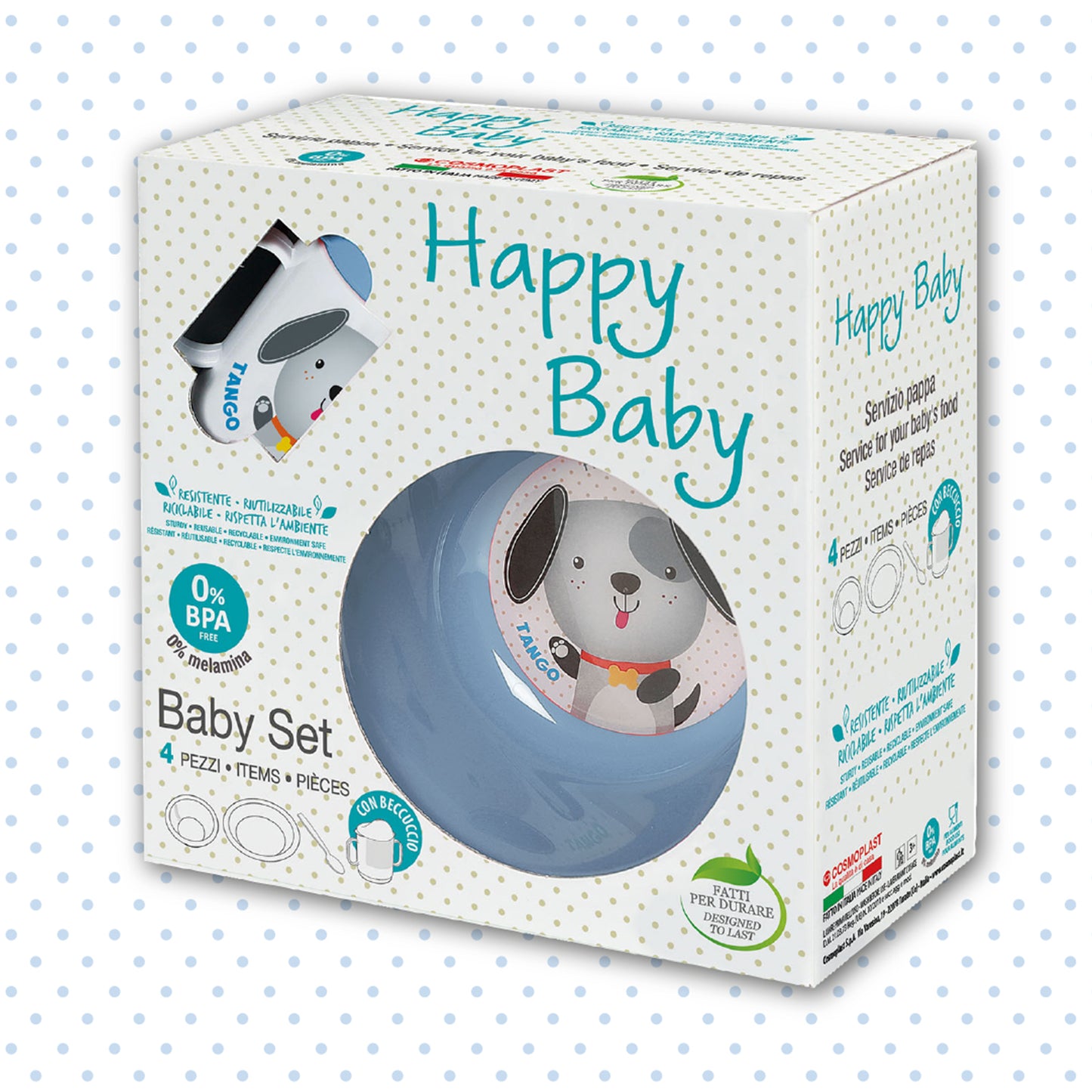 COSMOPLAST Set Pappa 4 Pezzi - Cagnolino Tango - colore azzurro. 0% BPA. 100%