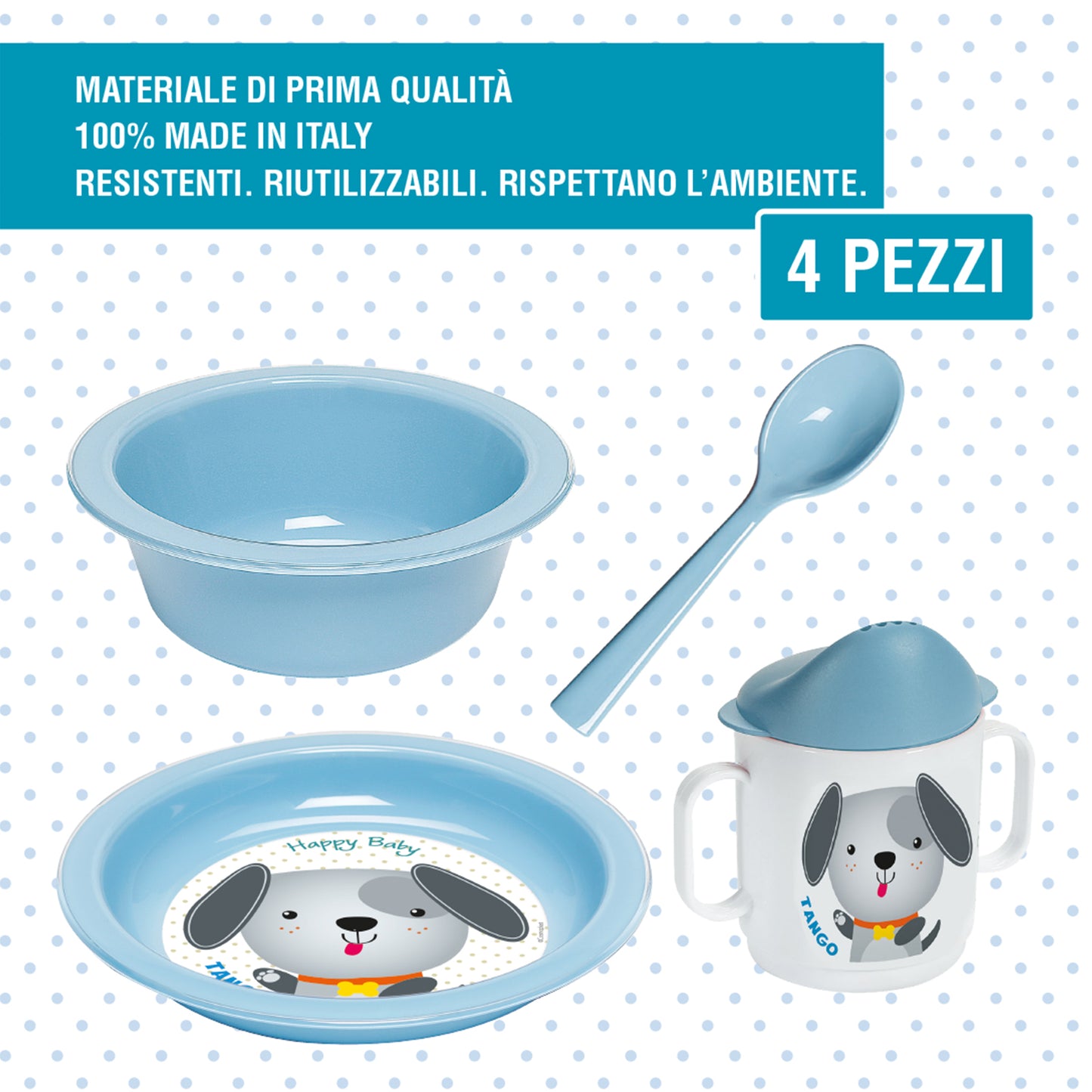 Set Pappa 4 Pezzi - Cagnolino Tango - colore azzurro. 0% BPA. 100% Made in Italy
