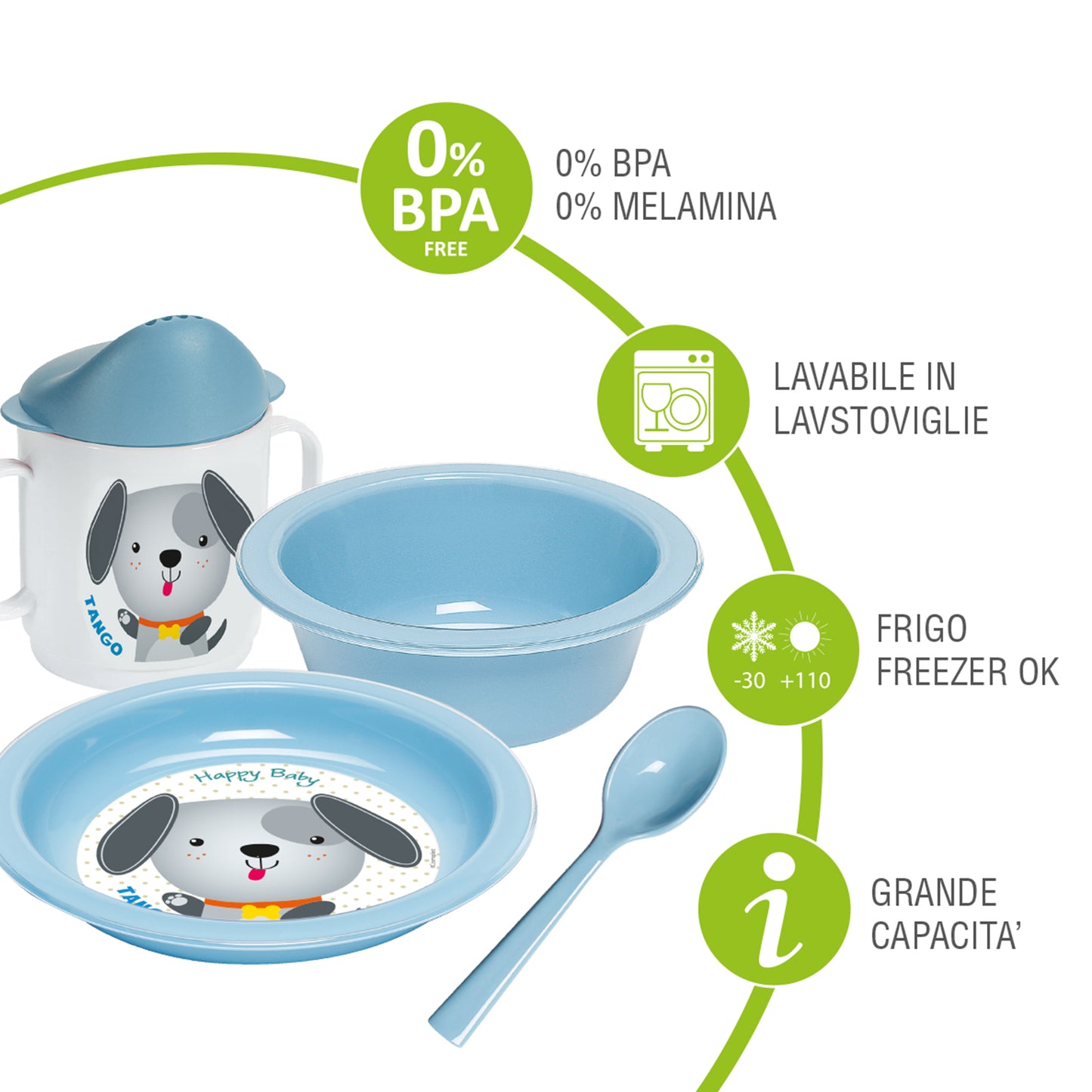 Set Pappa 4 Pezzi - Cagnolino Tango - colore azzurro. 0% BPA. 100% Made in Italy