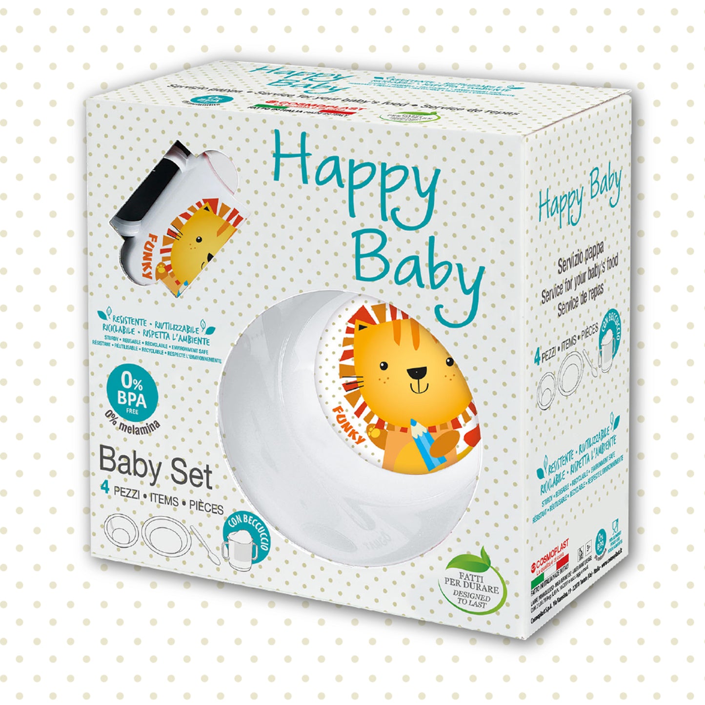COSMOPLAST Set Pappa 4 Pezzi - Leoncino Funky - colore bianco. 0% BPA. 100%