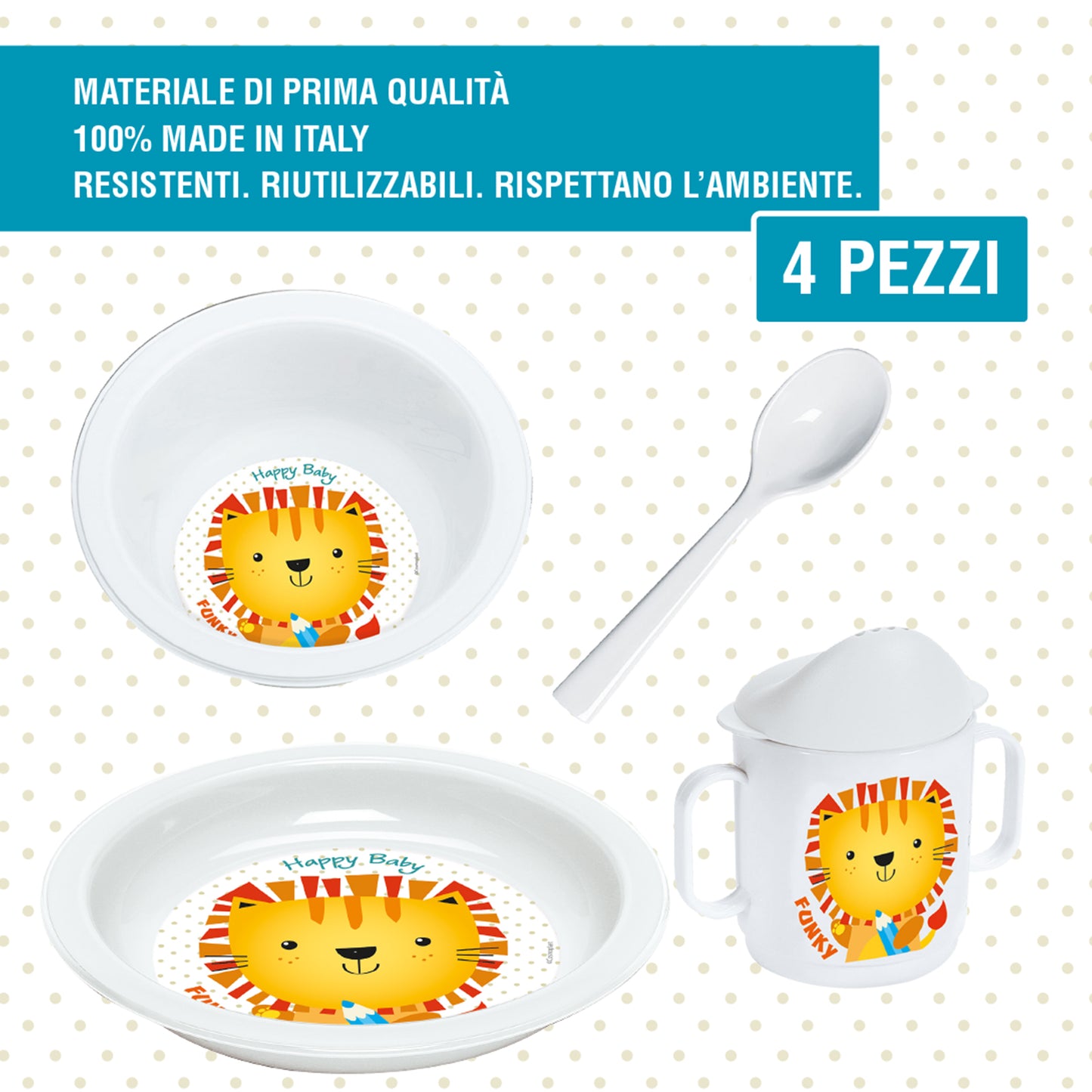 COSMOPLAST Set Pappa 4 Pezzi - Leoncino Funky - colore bianco. 0% BPA. 100%