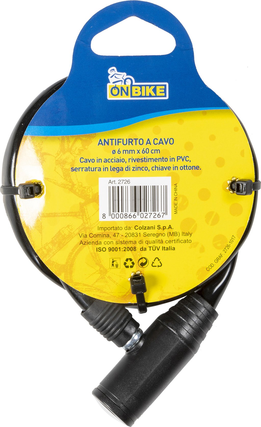 ON BIKE Antifurto a cavo per bici 0,6x60cm con serratura in lega di zinco