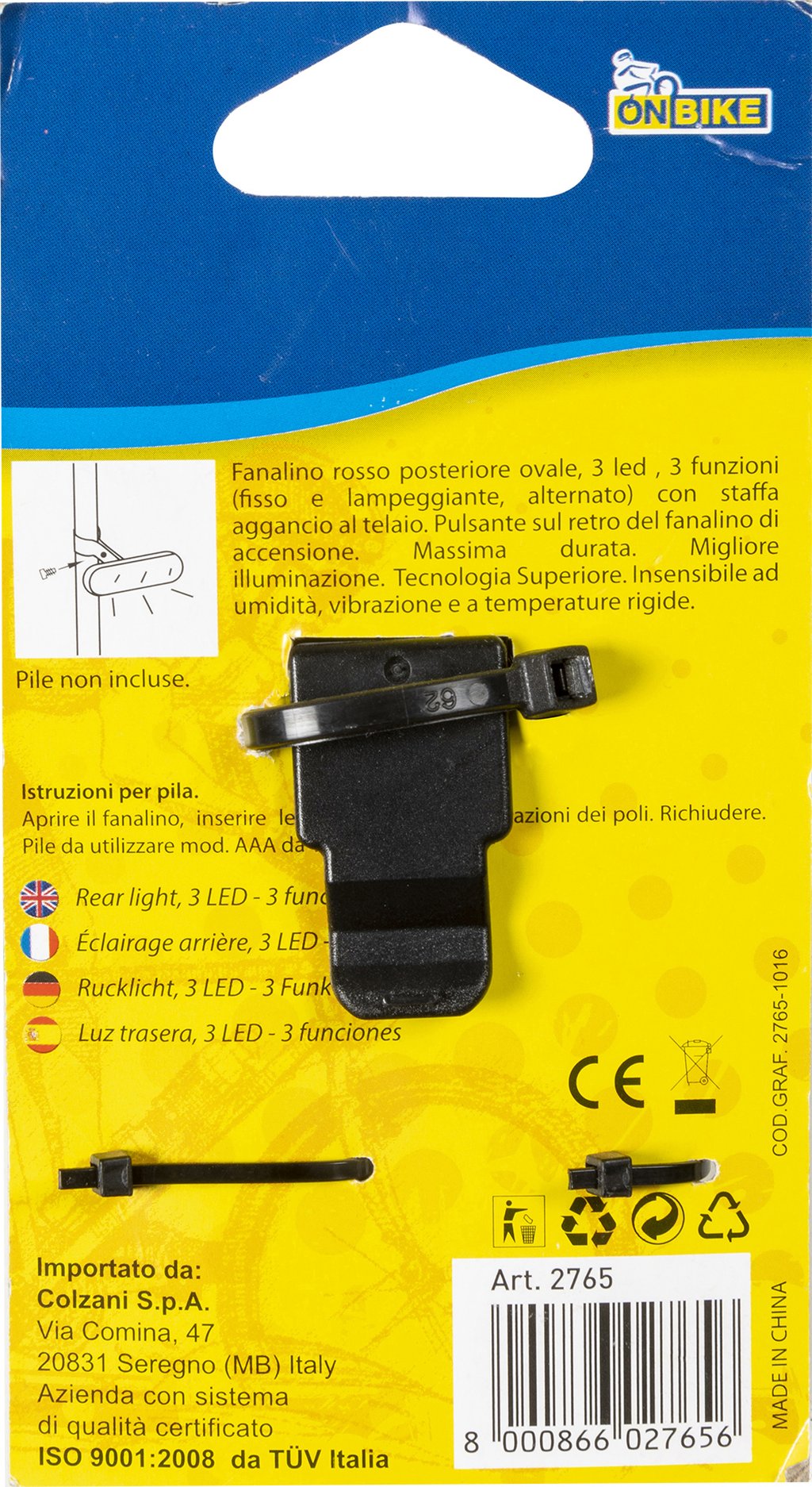ON BIKE Fanale posteriore bici tre LED rossi aggancio al telaio