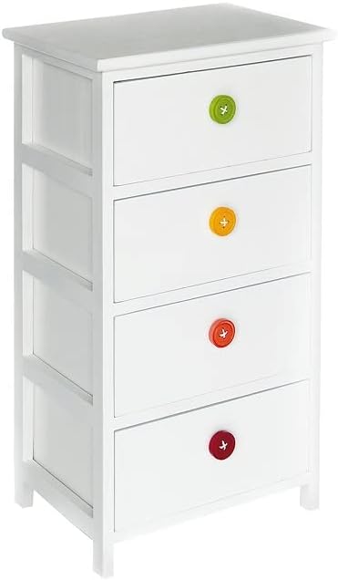 King Home Cassettiera In Legno di Paulownia 40x29x73h cm 4 Cassetti bianca C/Bottoni Colorati