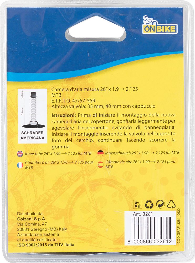 Camera dAria 26" x 1.75 Valvola Schrader per MTB e City Bike