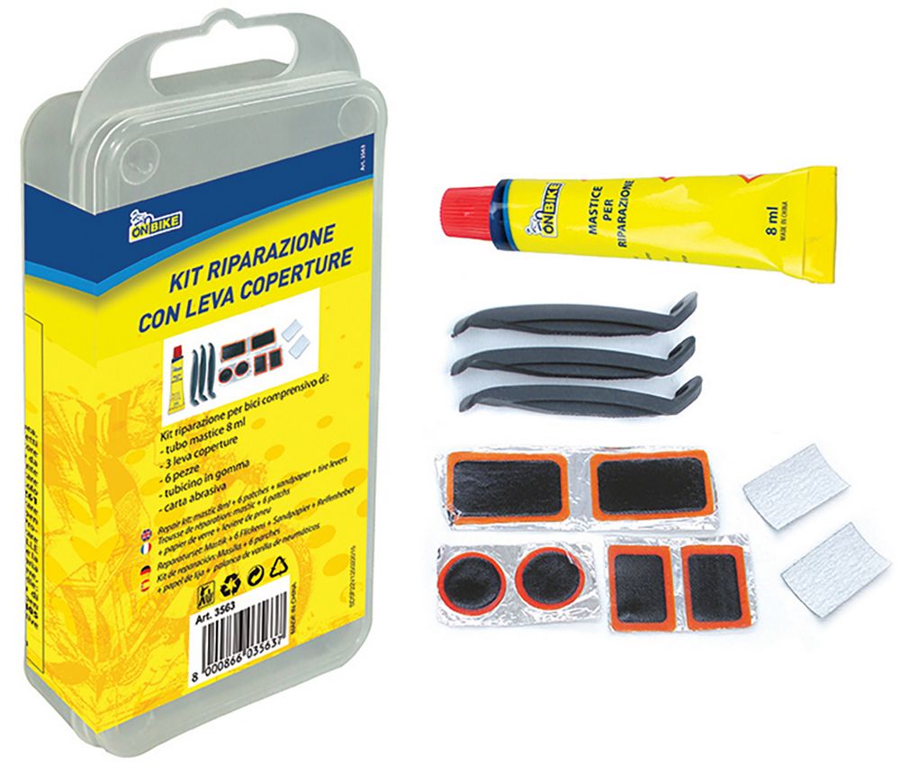 Kit riparazione rapida ruote bici con levacoperture e scatolina