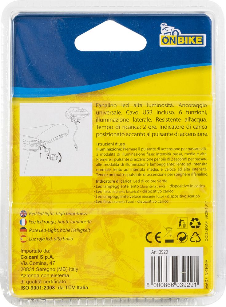 ON BIKE Fanale Posteriore LED USB Alta Luminosità