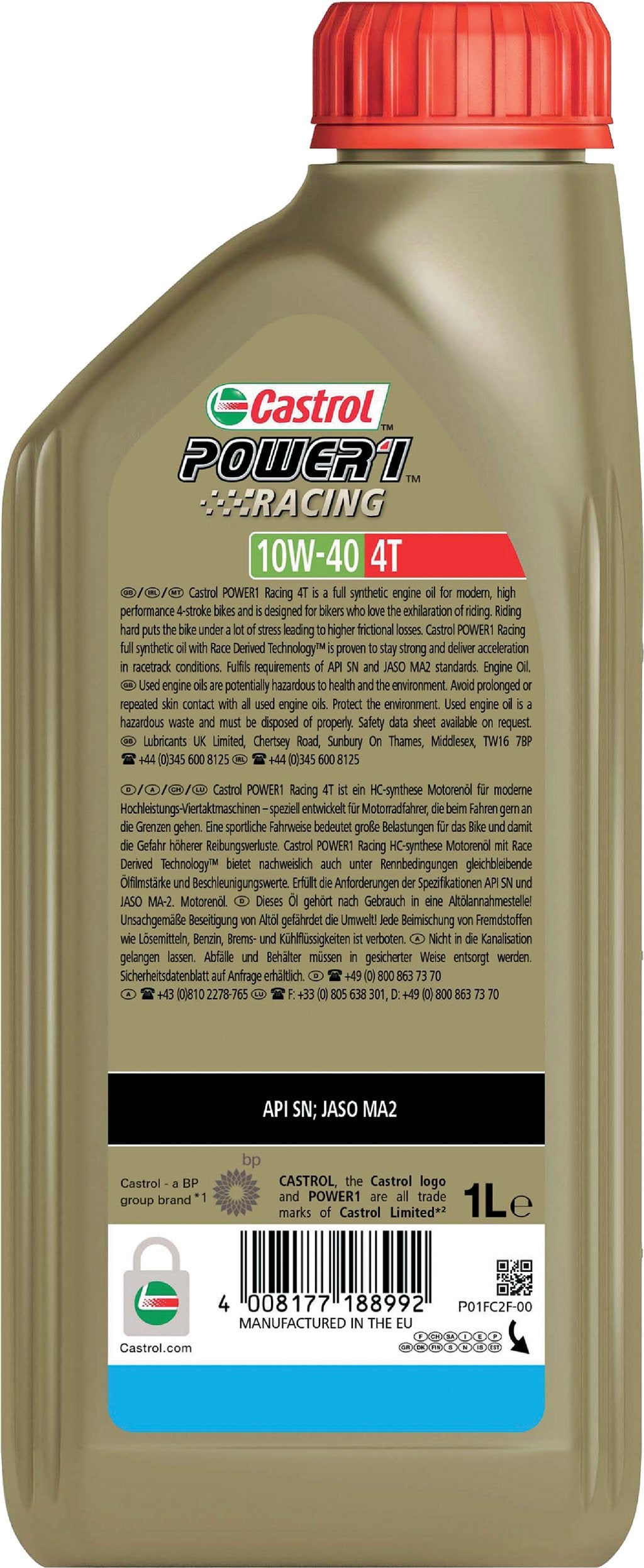 Castrol Power 1 Ultimate 4T 10W-40 API SL JASO MA2 1L Sintetico Olio Motore