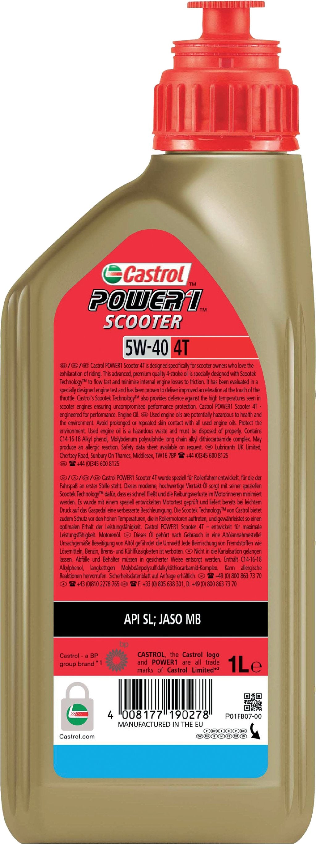 Castrol Power 1 scooter 4T 5W-40 API SJ JASO MB 1L Sintetico Olio Motore Moto