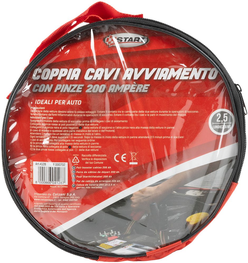 START Cavi Batteria 200Ah 2,5 Metri con Pinze Non Isolate, Cavi Avviamento Alta