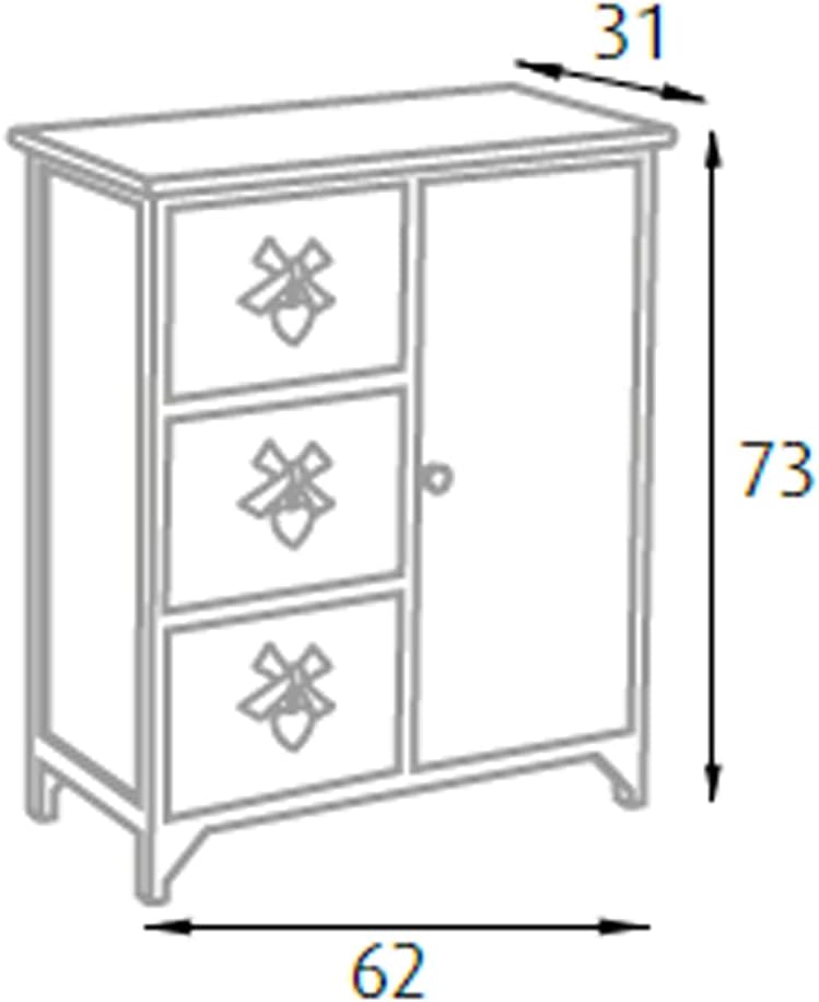 King Home Cassettiera In Legno Di Paulownia 62x31x73h cm 3 Cass. C/Cuore + Anta White Washed