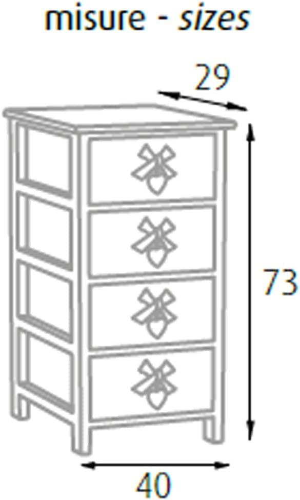 King Home Cassettiera In Legno Di Paulownia 40x29x73h cm 4 Cass. C/Cuore White Washed
