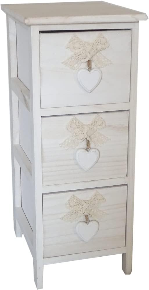 King Home Cassettiera In Legno Di Paulownia 26x32x63h cm 3 Cass. C/Cuore White Washed