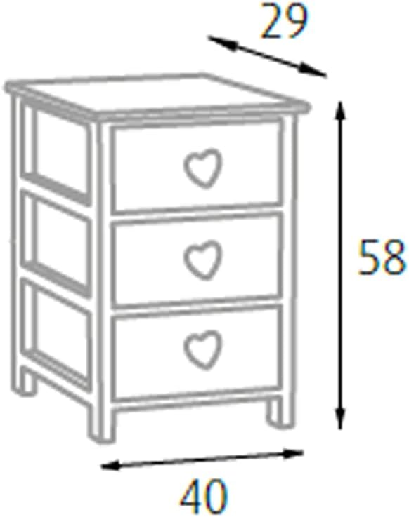 King Home Cassettiera In Legno di Paulownia 40x29x58h cm 3 Cass.C/Cuore bianca/grigia