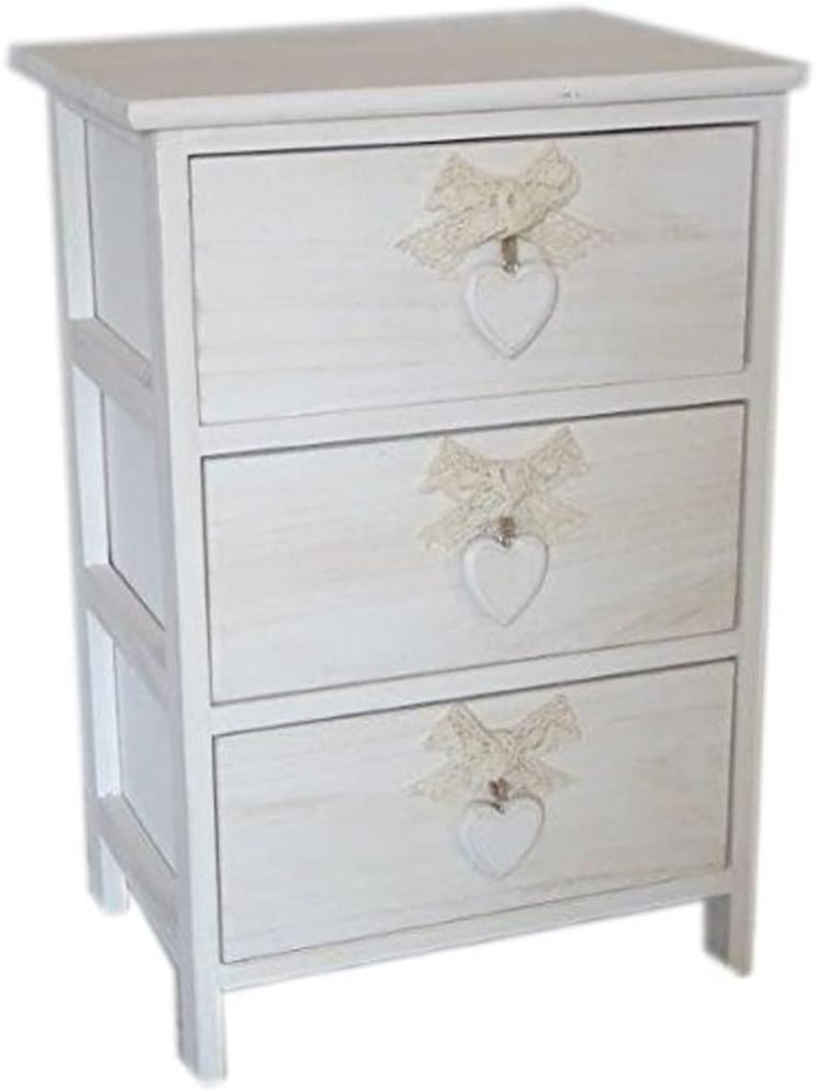 King Home Cassettiera In Legno Di Paulownia 40x29x58h cm 3 Cass. C/Cuore White Washed