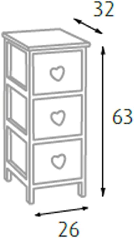 King Home Cassettiera In Legno di Paulownia 26x32x63h cm 3 Cass.C/Cuore bianca/grigia