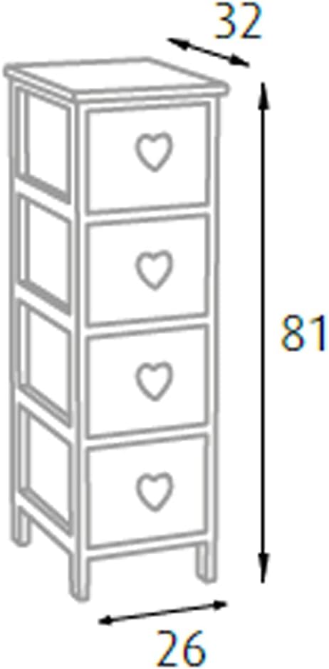 King Home Cassettiera In Legno di Paulownia 26x32x81h cm 4 Cass.C/Cuore bianca/grigia