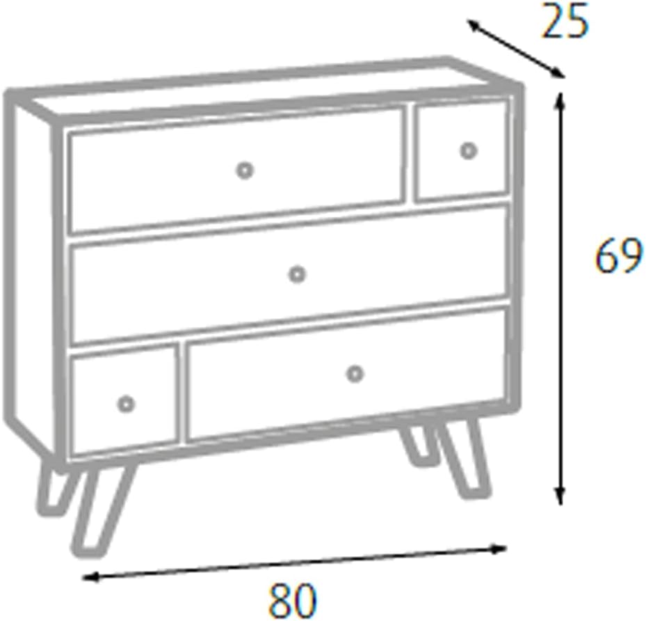 King Home Mobiletto In Legno Di Paulownia 80x25x69h cm 5 Cassetti (3 Grandi, 2 Piccoli)