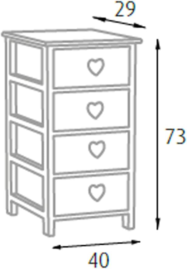 King Home Cassettiera In Legno di Paulownia 40x29x73h cm 4 Cass.C/Cuore bianca/grigia
