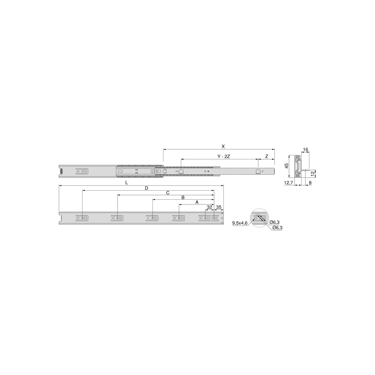 Guide a sfere per cassetti con estrazione totale con squadra, altezza 45 mm