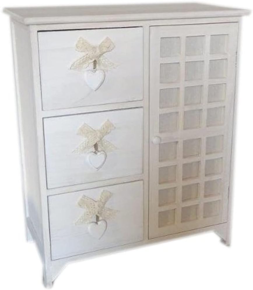 King Home Cassettiera In Legno Di Paulownia 62x31x73h cm 3 Cass. C/Cuore + Anta White Washed