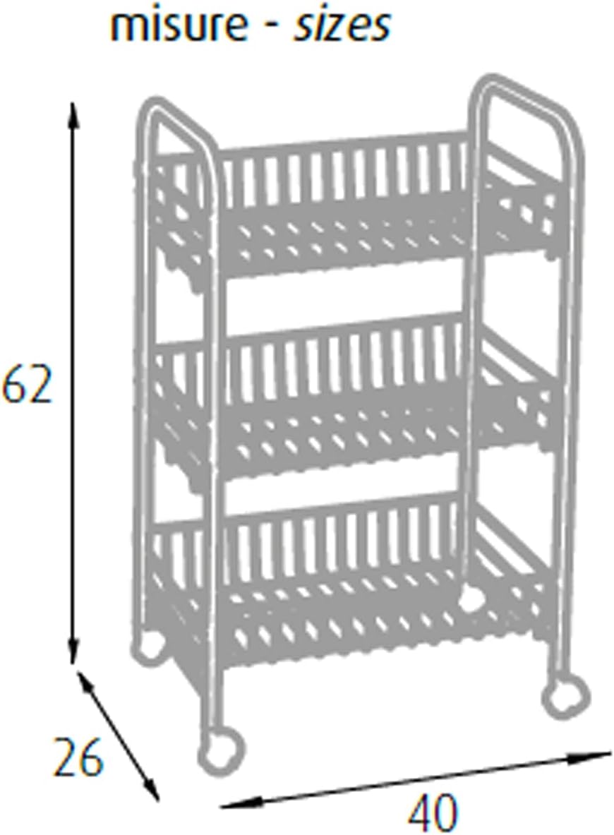 King Home CARRELLO MULTIUSO BIANCO in metallo a 3 ripiani con 4 ruote 40x26x62h cm