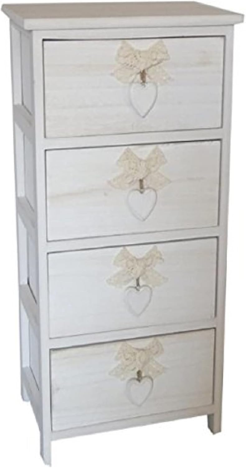 King Home Cassettiera In Legno Di Paulownia 26x32x81h cm 4 Cass. C/Cuore White Washed