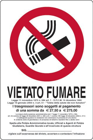 Cartello plastica "Vietato fumare, legge del..." - 300 x 200 mm.